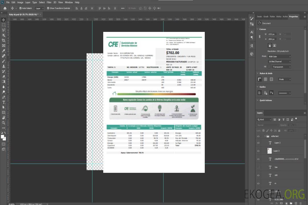 Facture professionnelle du service public d'électricité CFE, SCR template